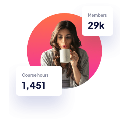 Woman drinking a cup with some statistics around her 